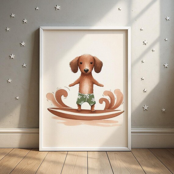 Surfing Dachshund Print Beach Dog Nursery Art Kids Room Decor Wall
