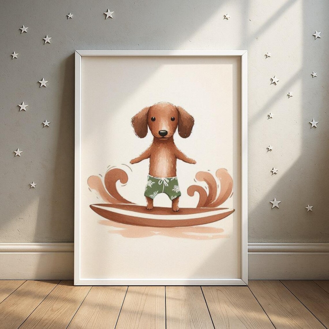 Surfing Dachshund Print Beach Dog Nursery Art Kids Room Decor Wall