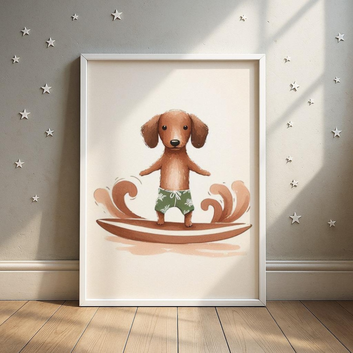 Surfing Dachshund Puppy Riding Wooden Board Beach Nursery Poster