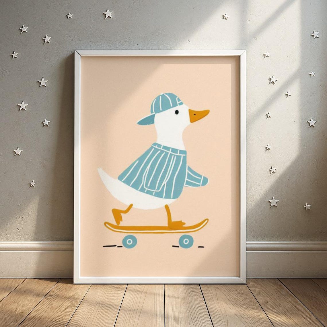 Pastel Duck in a Beanie Riding a Skateboard Nursery Wall Art
