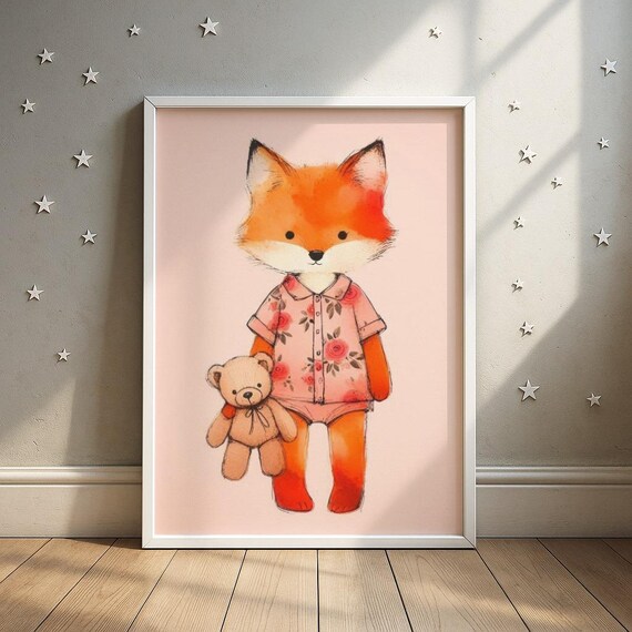 Fox With Teddy Bear Print Cozy Cub Nursery Art Baby Room Decor
