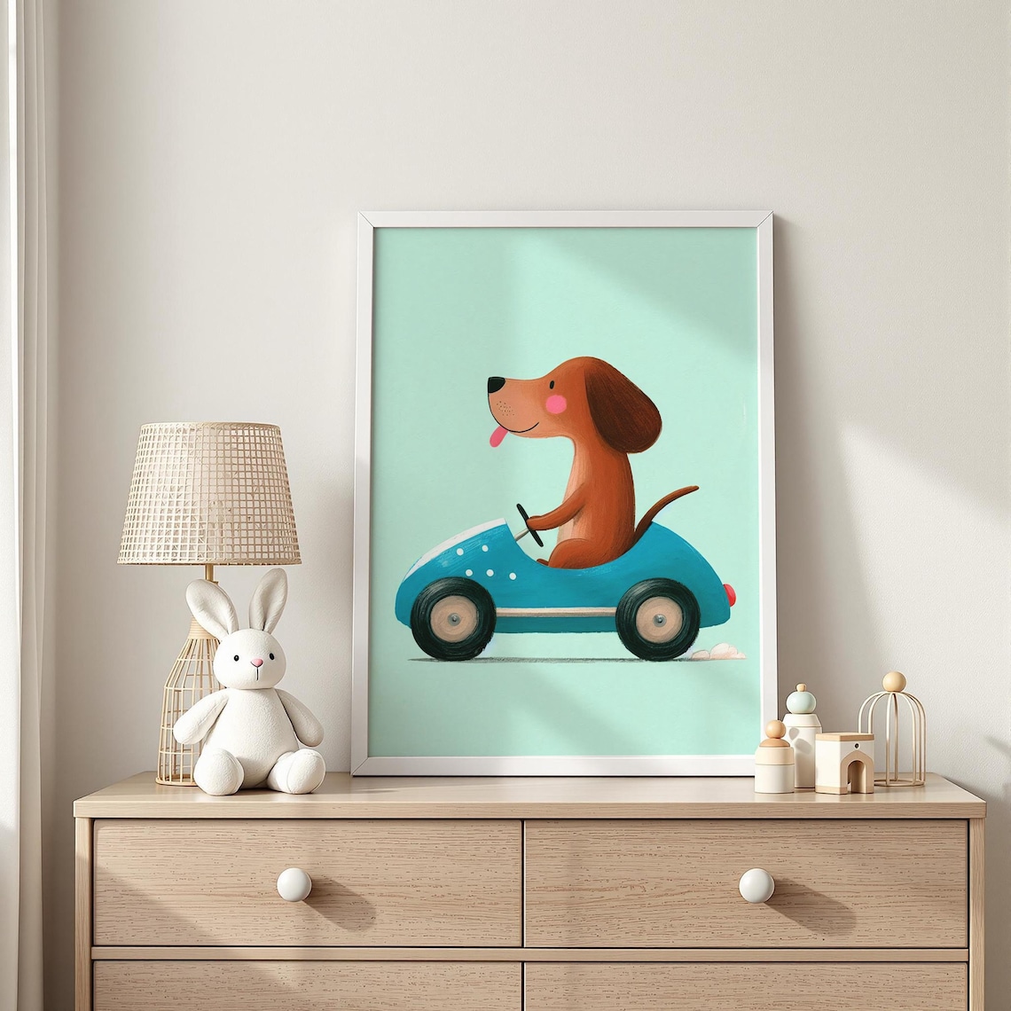 Driving Dog Nursery Poster Cute Puppy Blue Car Kids Room Decor