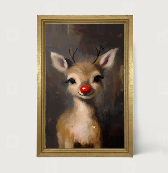 Rudolph Christmas Reindeer Art Print, Whimsical Decor