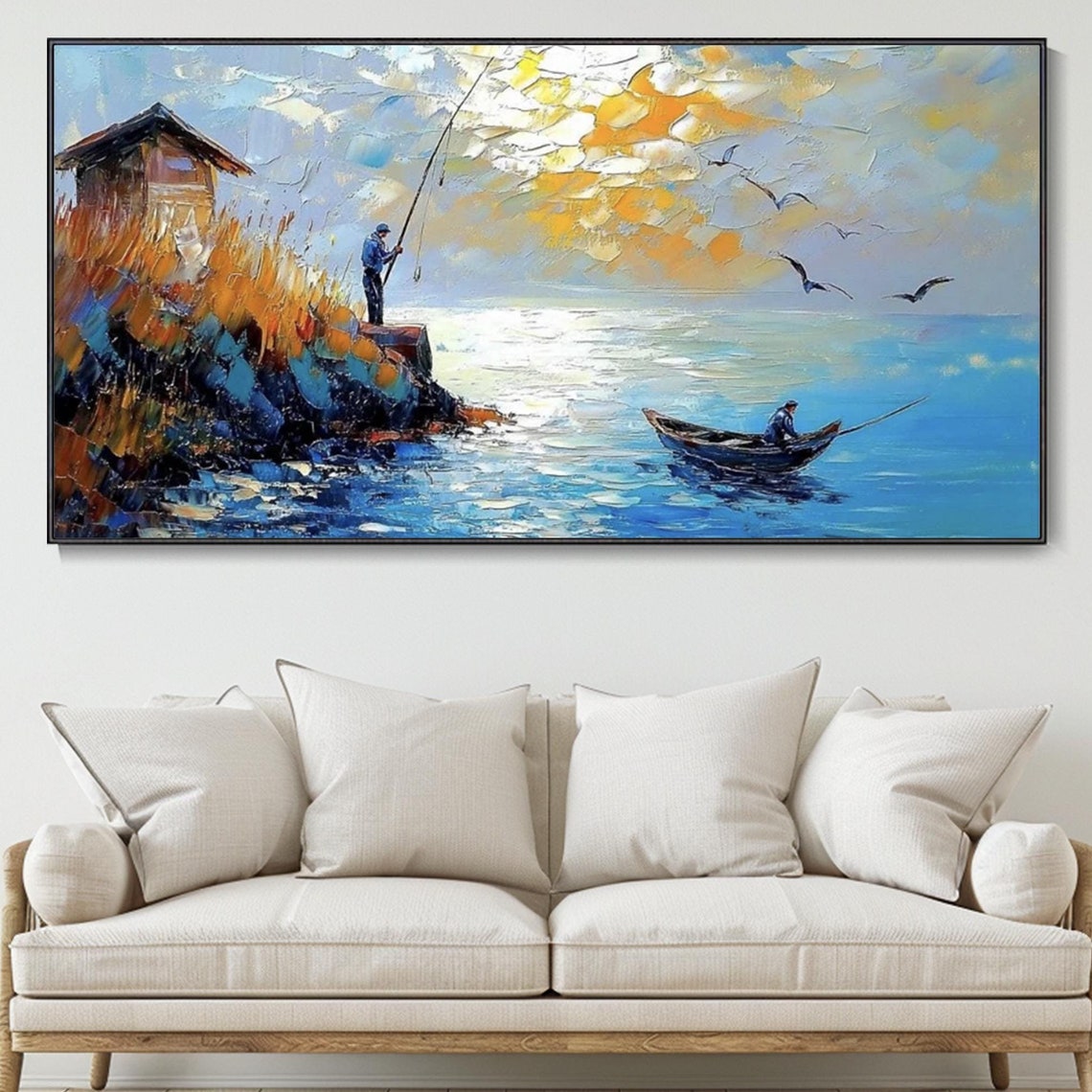 Blue Ocean Sunset Textured Wall Art Painting Fishing Enthusiasts Collectibles On Seagulls Sailboat Landscape Painting Living Room