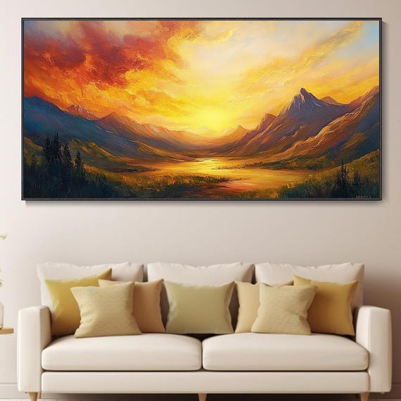 Orange Mountain Sunset Oil Painting On Orange Landscape Textured Wall Art Hand Painted Wall Art For Home Decor Abstract Wall Art