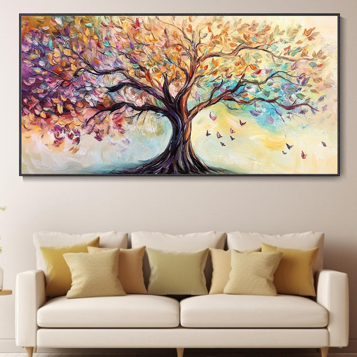 Rainbow Tree of Life with Flying Birds Panoramic Colorful Wall Art