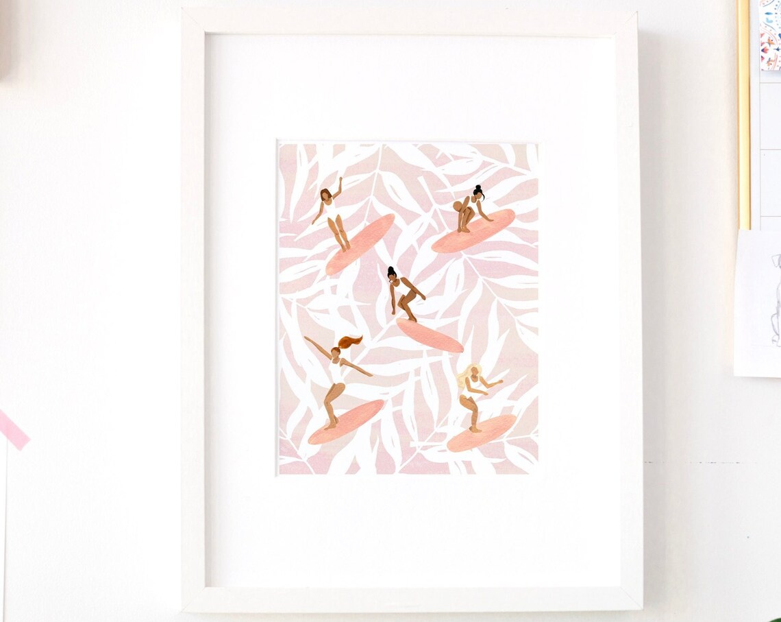 Women Surfing Tropical Ocean Art Print, Pink Style - Image 4