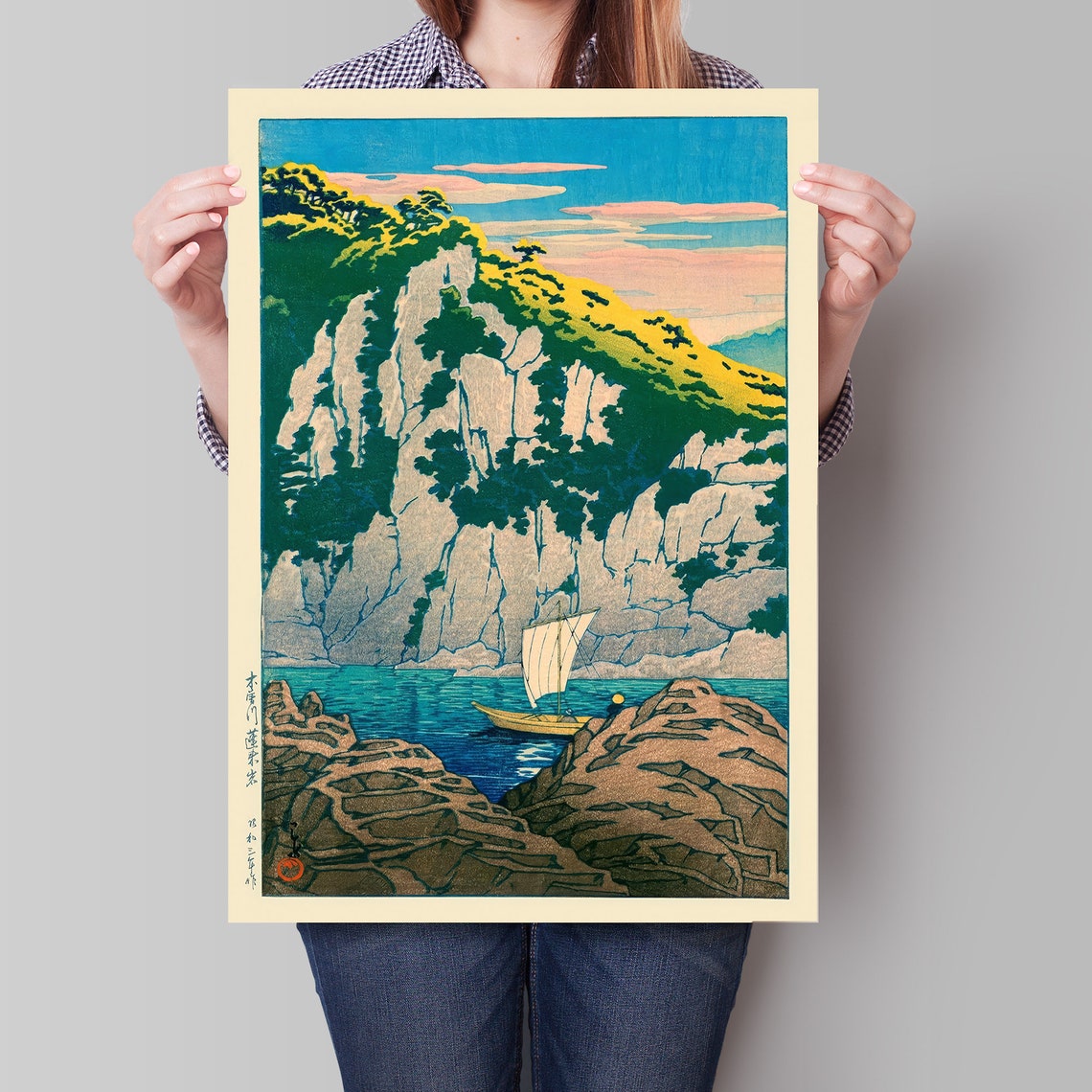 Japanese White Cliffs Sailboat Cove Woodblock Style Sea Poster - Image 4