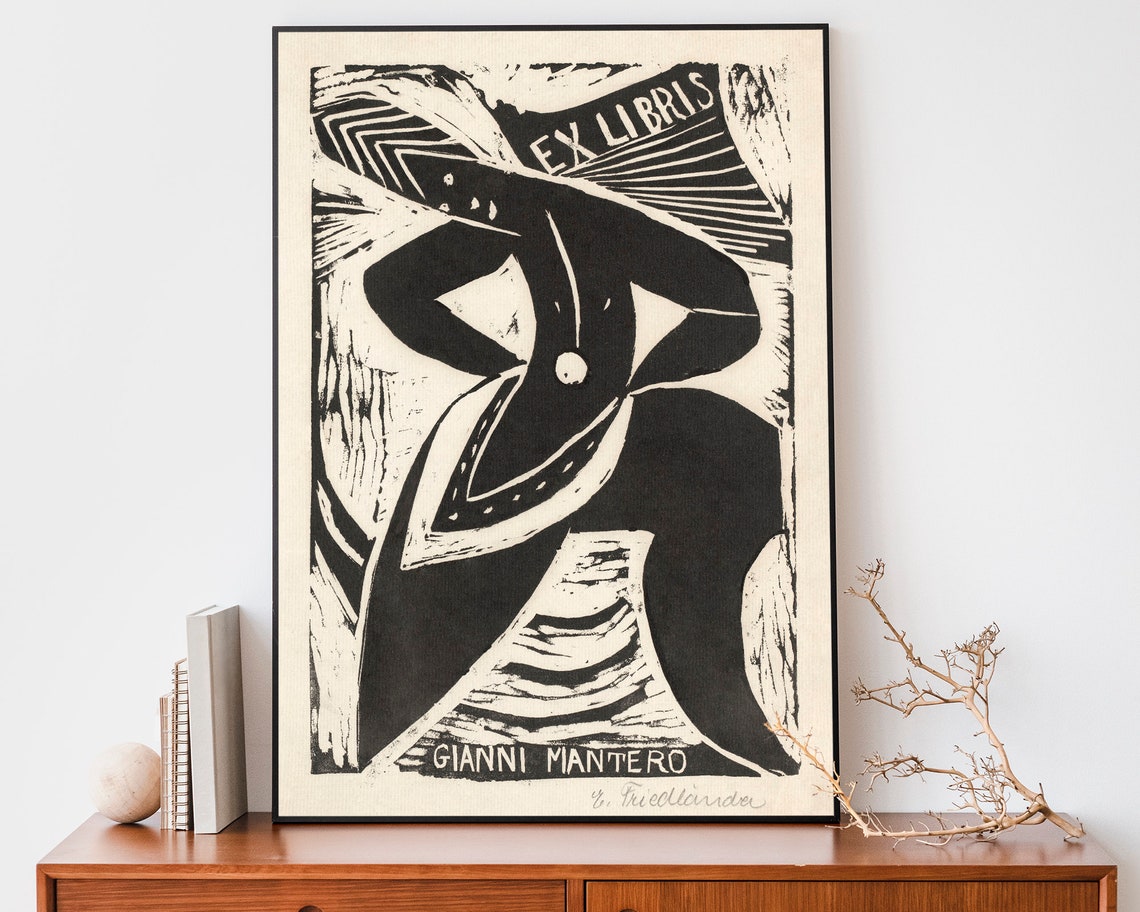 Gianni Mantero Ex Libris Expressionist Black Woodcut Bookplate Poster