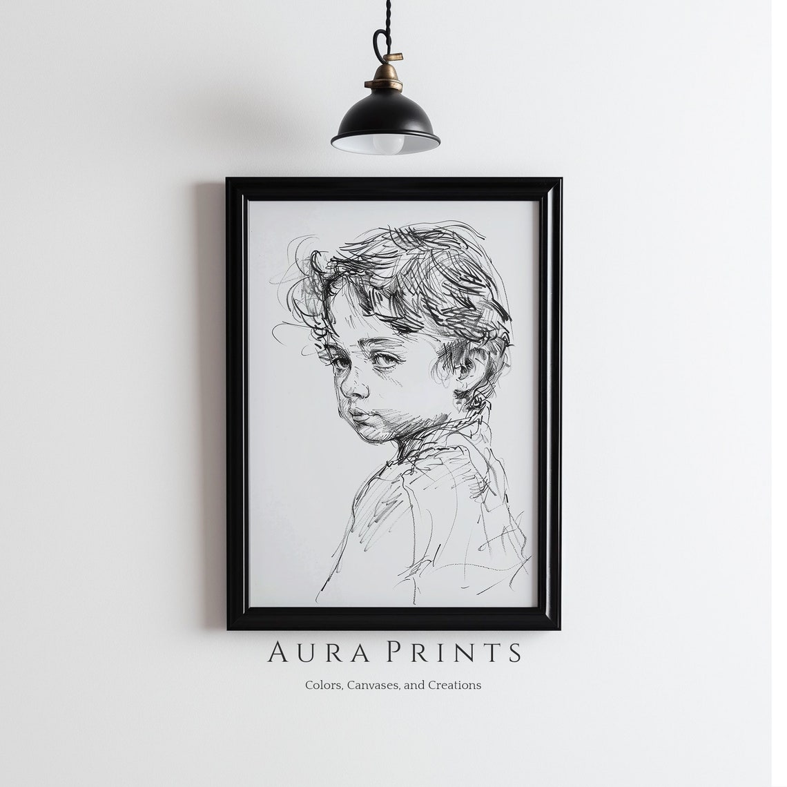 Neutral Pencil Child Portrait Sketch Vintage Style Home Poster