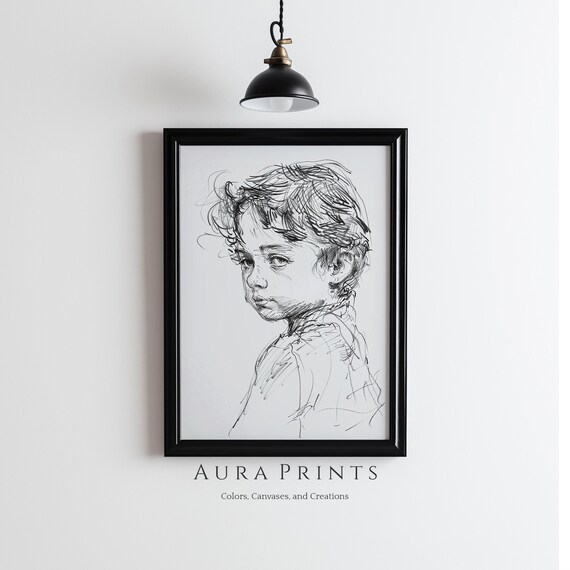Neutral Pencil Child Portrait Sketch Vintage Style Home Poster