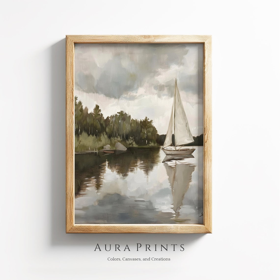 Sailboat Calm Lake Forest Shoreline Vintage Sailing Landscape Poster