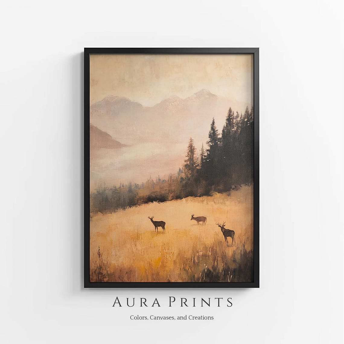 Elk Deer in Misty Golden Meadow Mountains Wildlife Art Poster