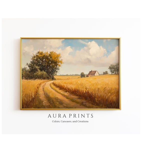 Golden Wheat Field With Farmhouse Painting Tall Trees And Open Landscape Vintage Wall Art 1243