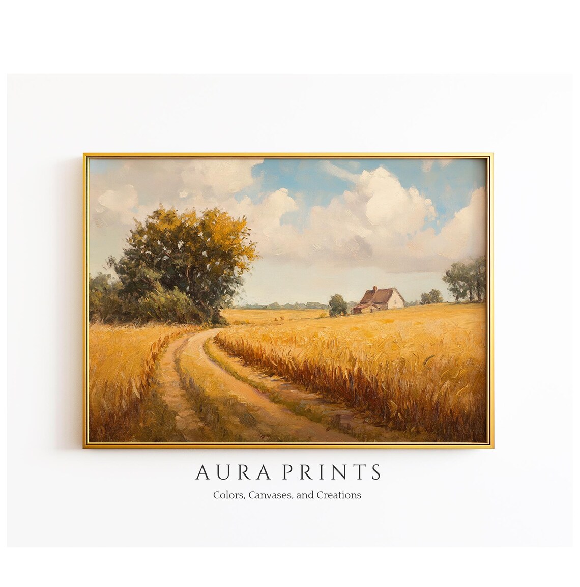 Golden Wheat Field Farmhouse Country Road Autumn Landscape Poster
