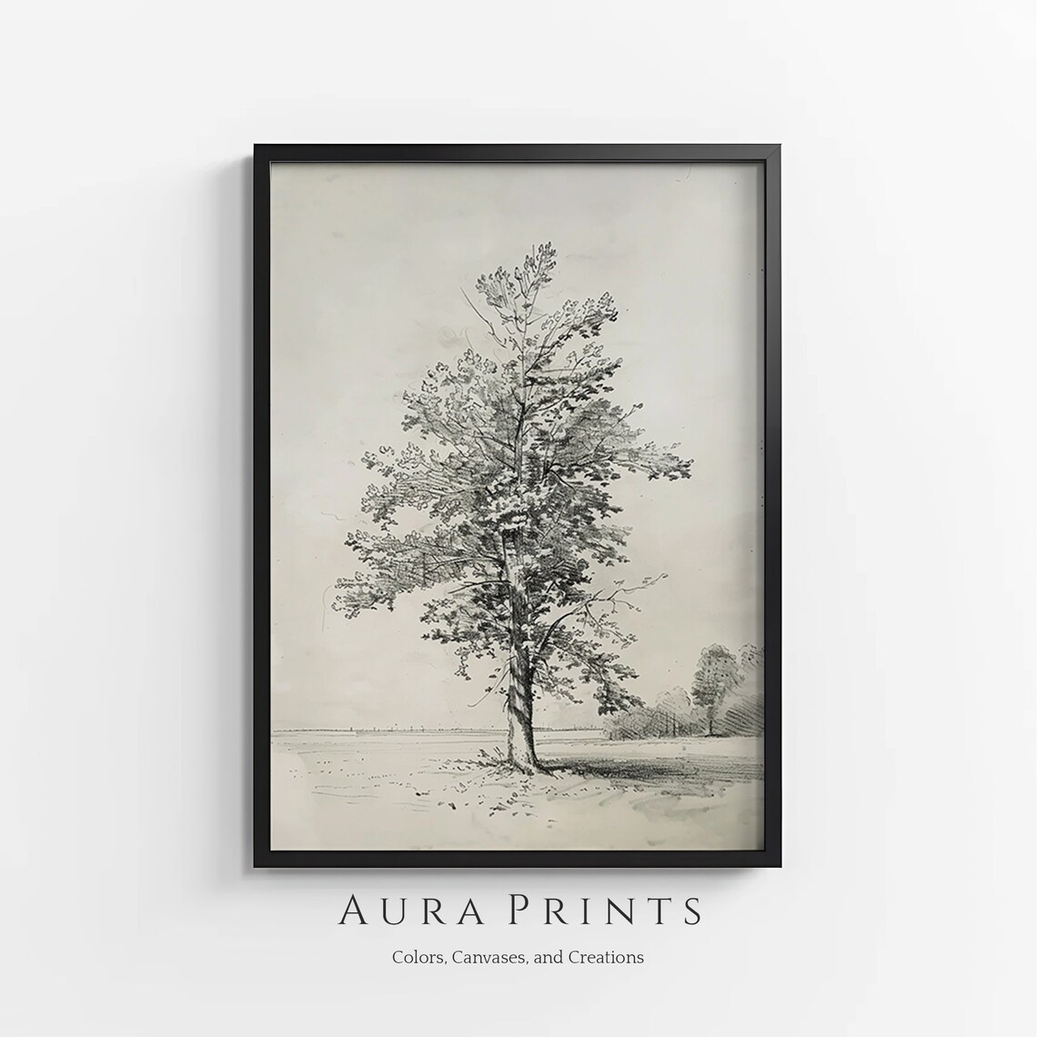 Lone Tree Black White Pencil Sketch Minimalist Nature Art Poster