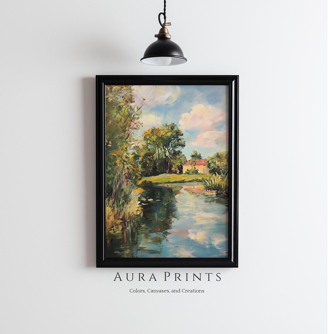 French Country Farm River Cottage Landscape Impressionist Oil Wall Art