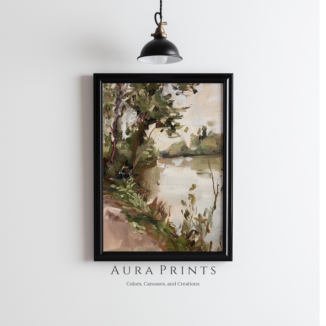 Quiet Riverbank Impressionist Oil Painting Vintage Cottage Poster