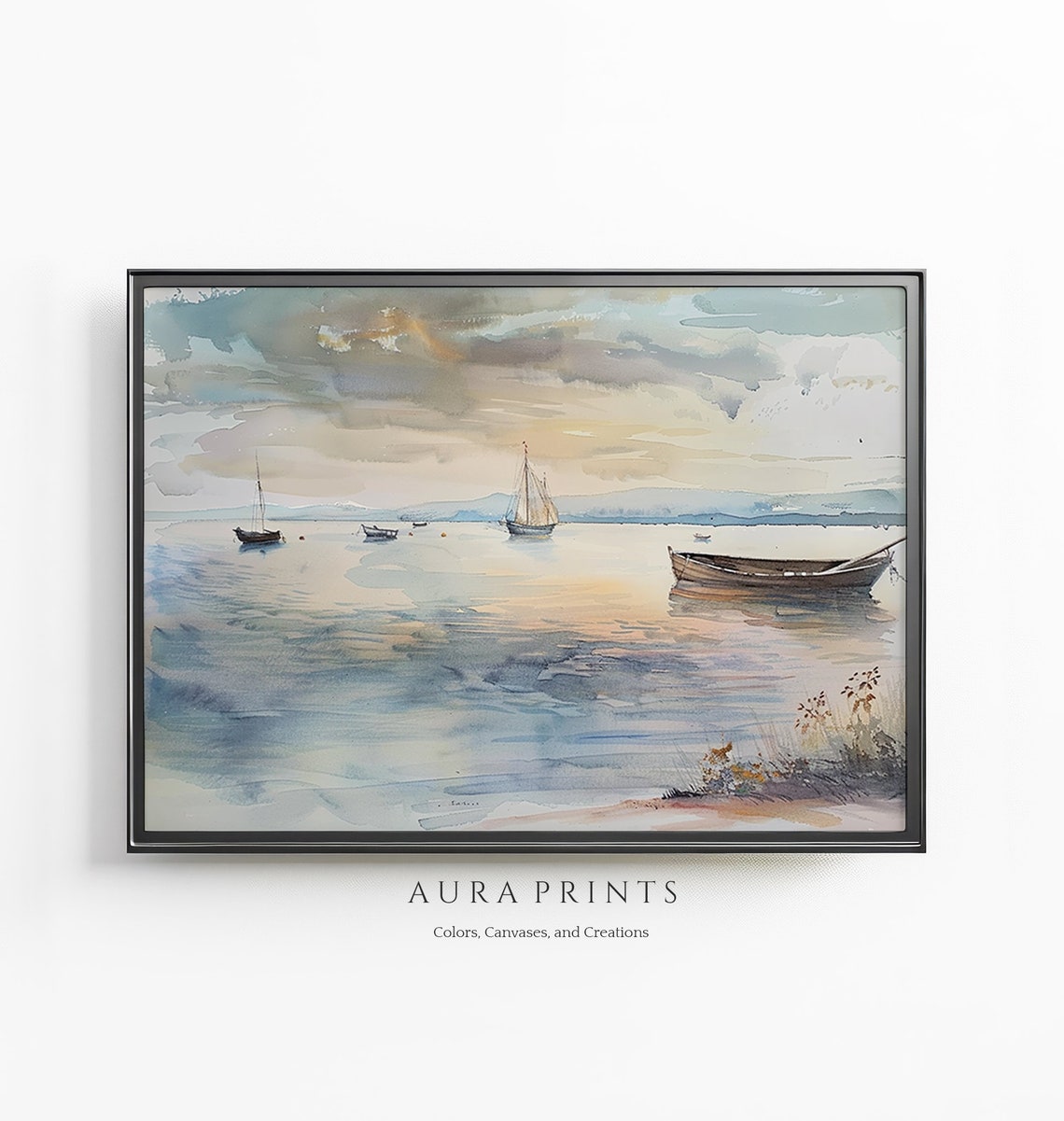 Serene Sunset Sailboats Calm Harbor Watercolor Coastal Poster