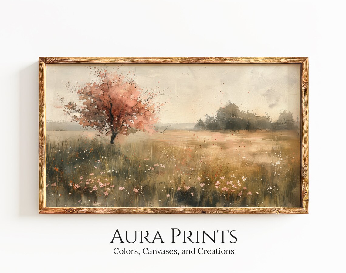 Autumn Meadow with Pink Tree Watercolor Wildflowers Field Poster