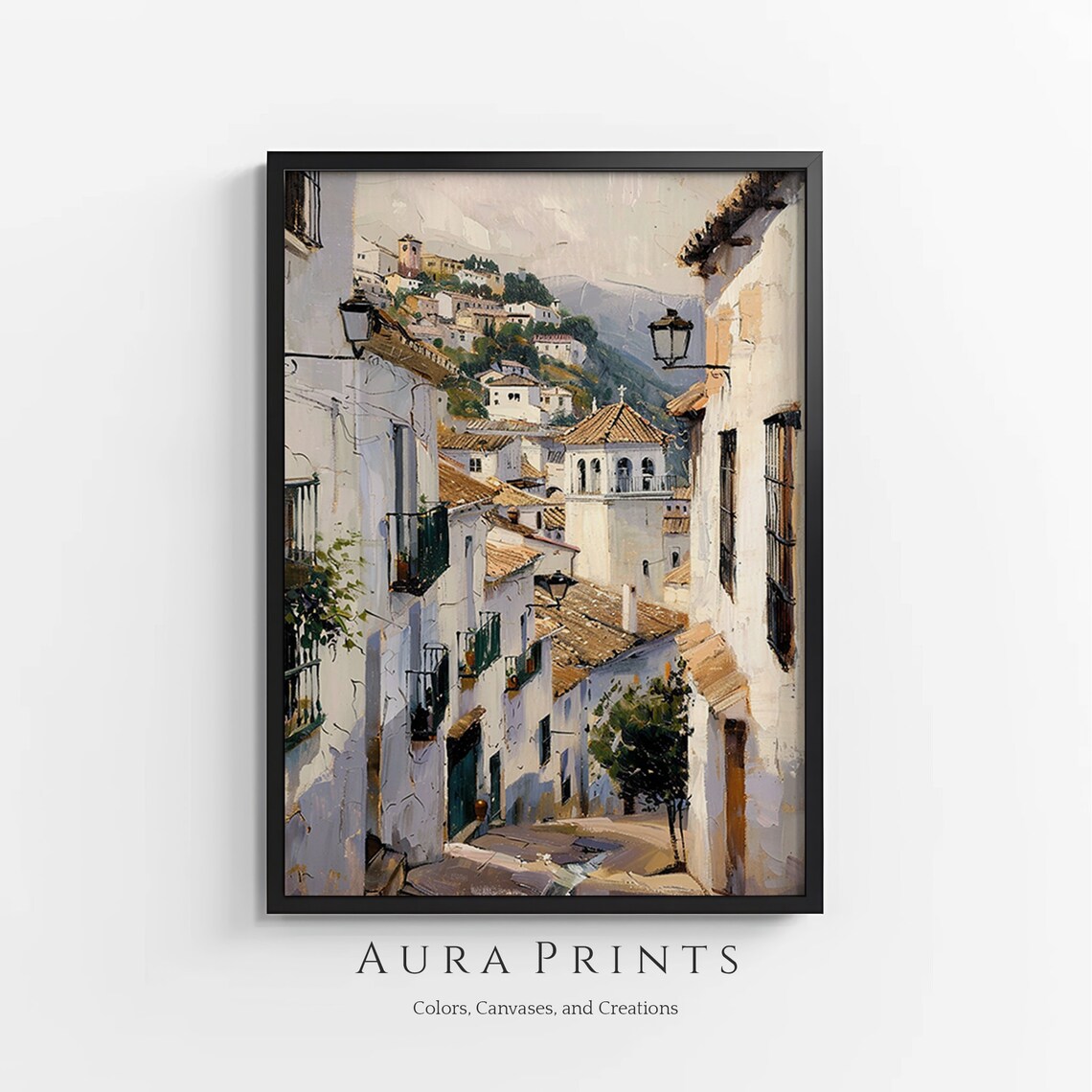 European Old Town Street Whitewashed Village Summer Painting Poster