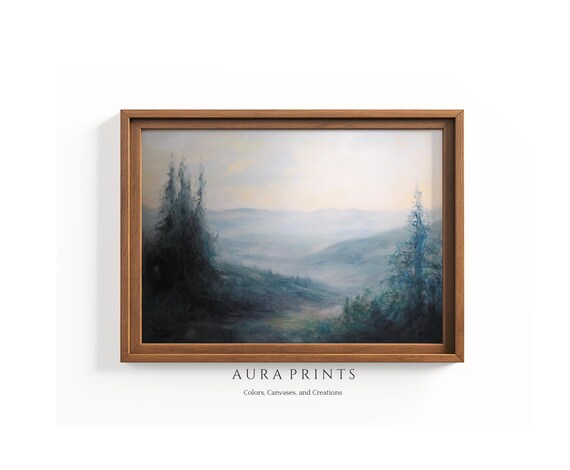 Misty Blue Mountain Forest Valley Fog Nature Painting Poster