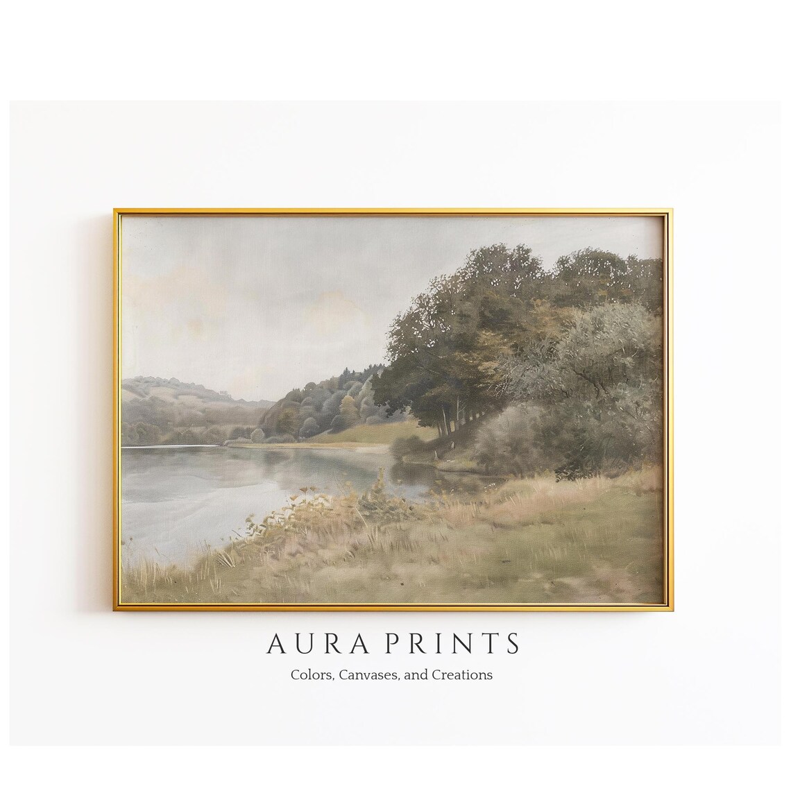 Serene Lake Tree Lined Shore Muted Oil Painting Nature Art Poster