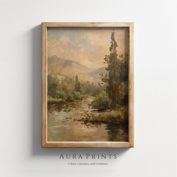 River Landscape Art Rustic Oil Painting Wall Decor 0154