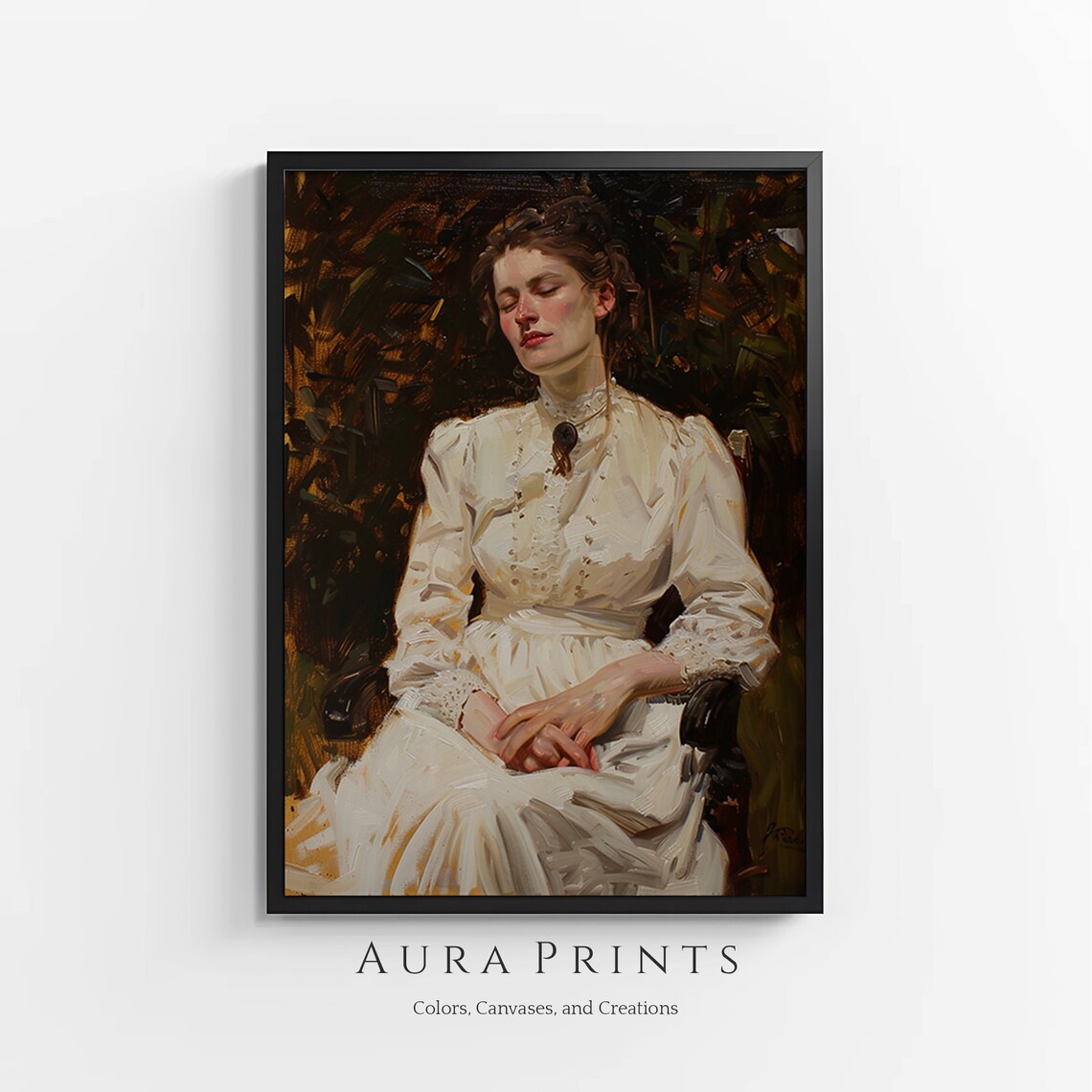 Vintage Portrait Elegant Woman In White Dress Antique Oil Poster