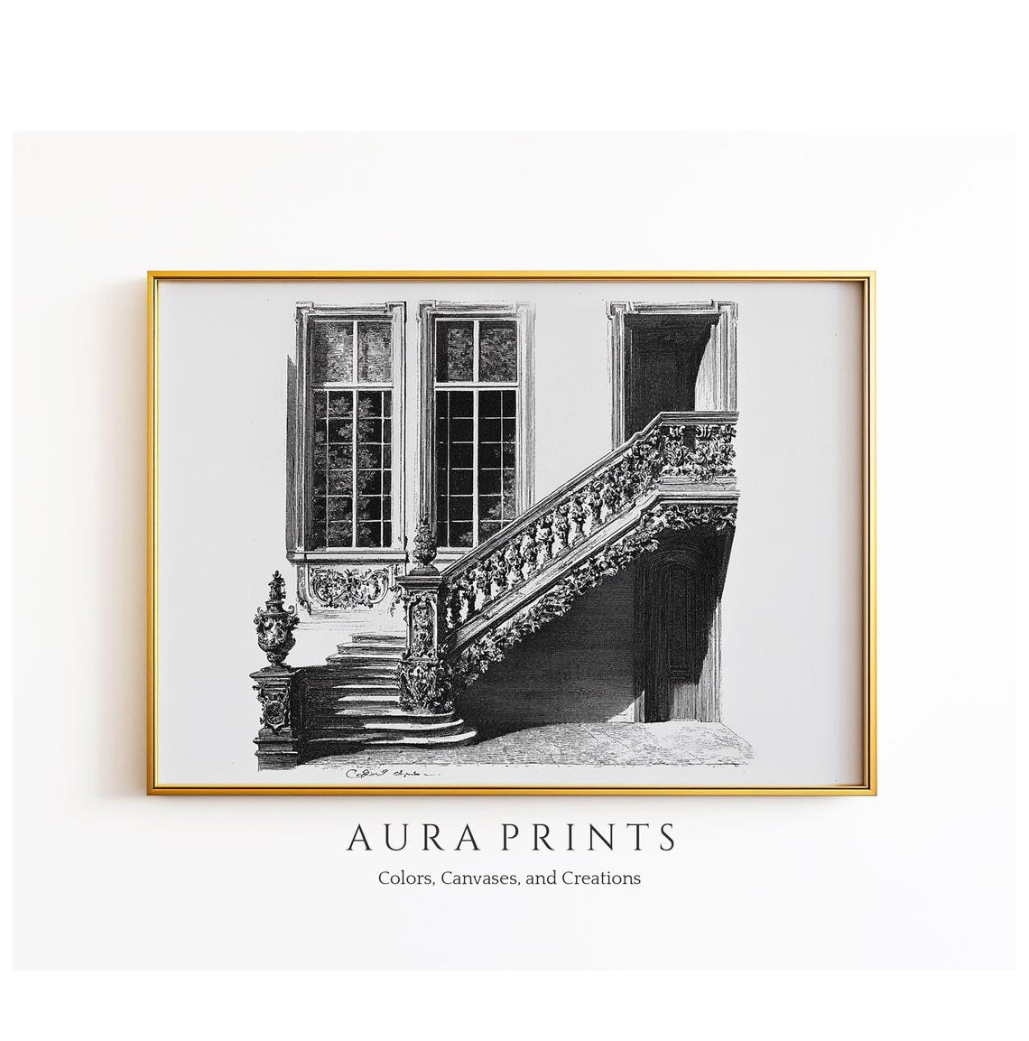 Italian Villa Staircase Architectural Ink Drawing Sketch Art Poster