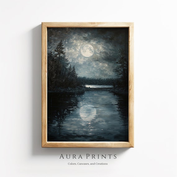 Moonlit Lake Waterscape Wall Art Vintage Lakehouse Cottage Decor 0863