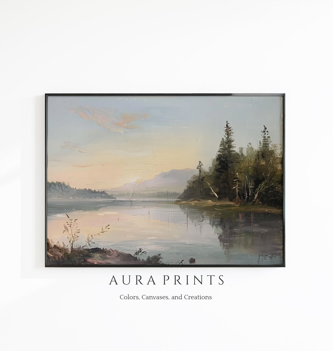 Tranquil Lake Dawn Misty Pine Shore Soft Vintage Painting Poster