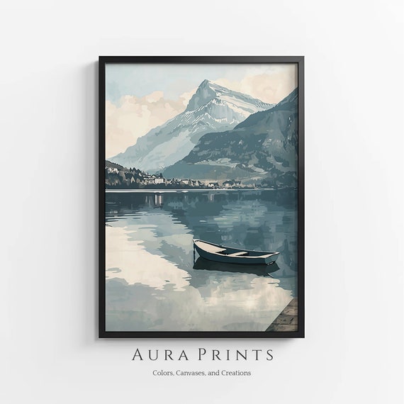 Tranquil Mountain Lake Scene Print Summer Cottage Decor 0471