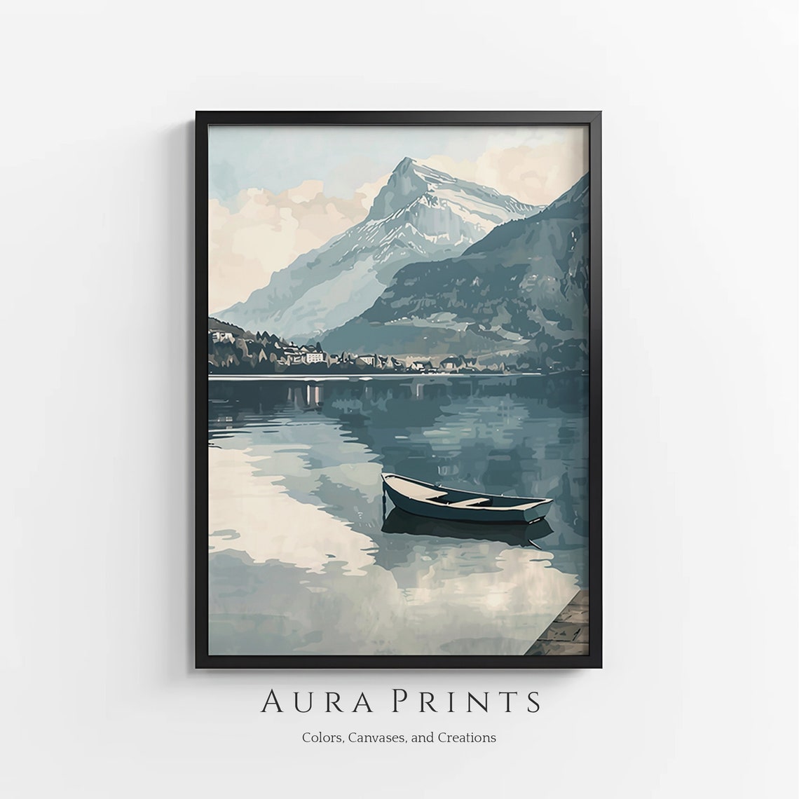 Snowy Mountain Lake Rowboat Tranquil Water Illustration Poster