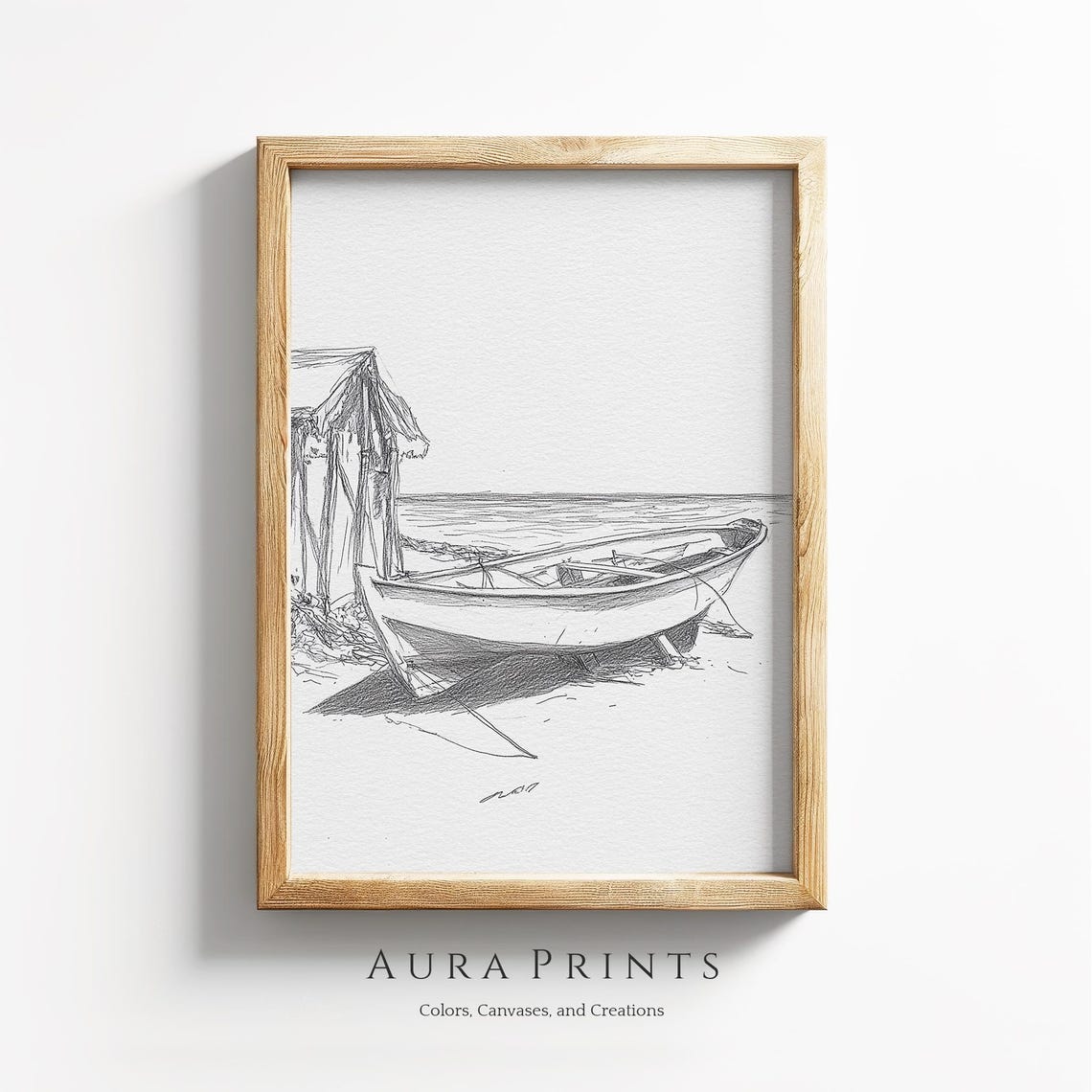 Rowboat On Shore Pencil Sketch Seaside Minimalist Line Art Poster