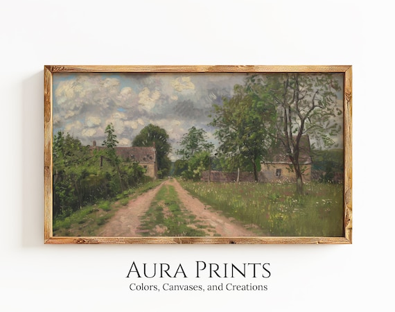 Country Dirt Road Farmhouses Impressionist Landscape Oil Poster