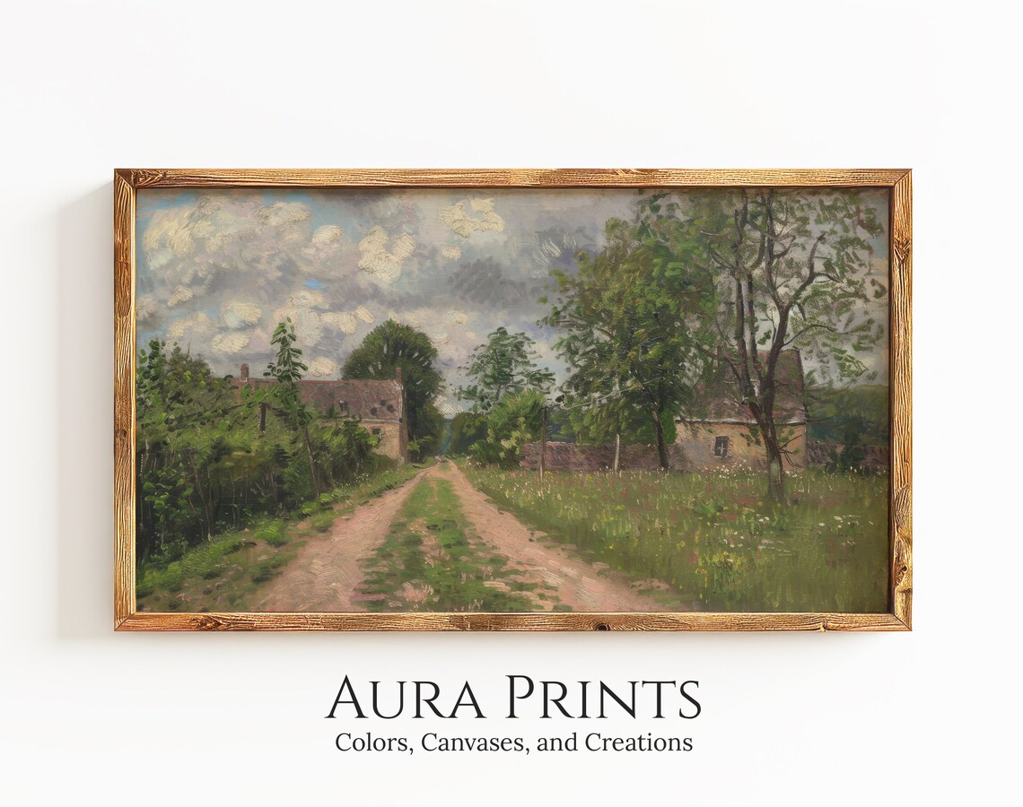 Country Dirt Road Farmhouses Impressionist Landscape Oil Poster