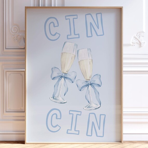 Cin Retro Print Trendy Wall Art Preppy Blue Bar Cart Decor Girly Dorm Room Italian Cheers Drink