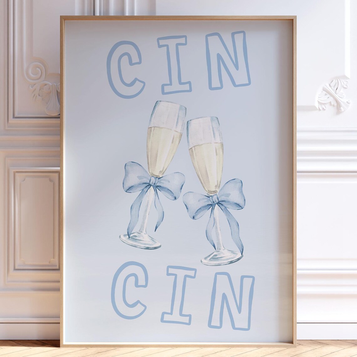 Cin Cin Champagne Flutes Blue Bows Toast Cheers Watercolor Poster