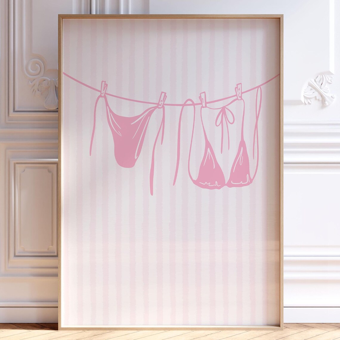 Pink Bikini Clothesline Art Print on Striped Background Preppy Wall Decor