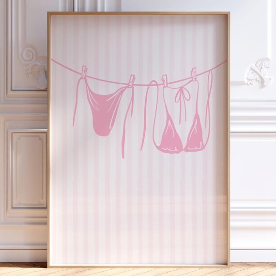 Pink Bikini Clothesline Art Print on Striped Background Preppy Wall Decor