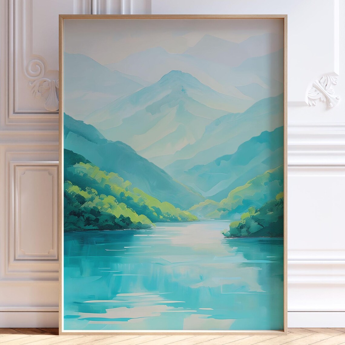 Serene Teal Mountain Lake Watercolor Landscape Nature Poster