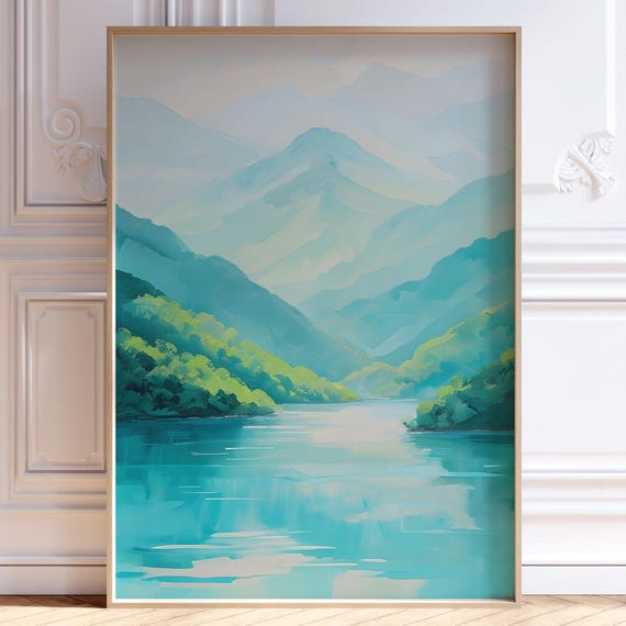 Mountains Wall Art Blue Green Mountain Scenic Landscape Decor Pastel Nature Print