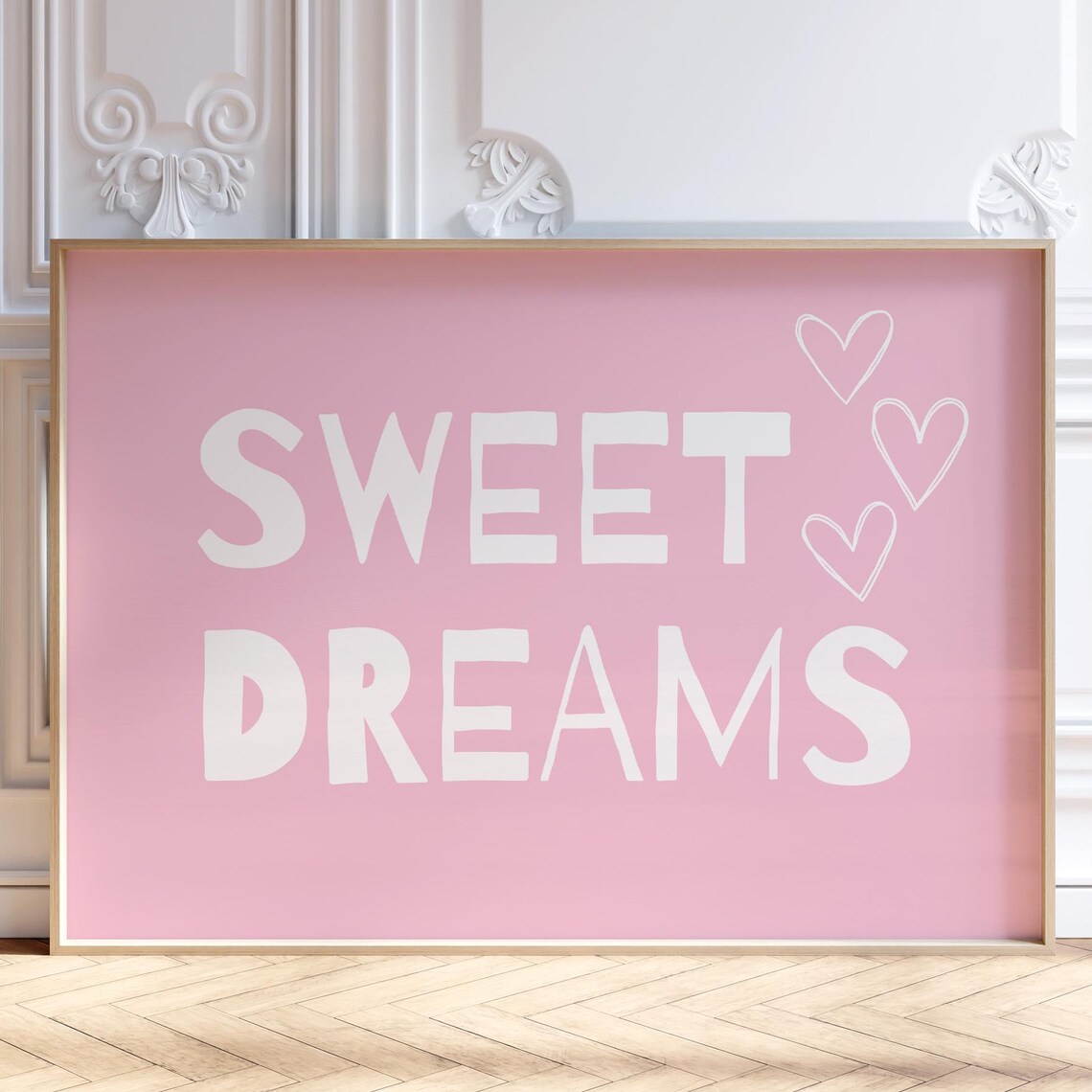 Sweet Dreams Pink Lettering with Hand Drawn Hearts Bedroom Wall Art