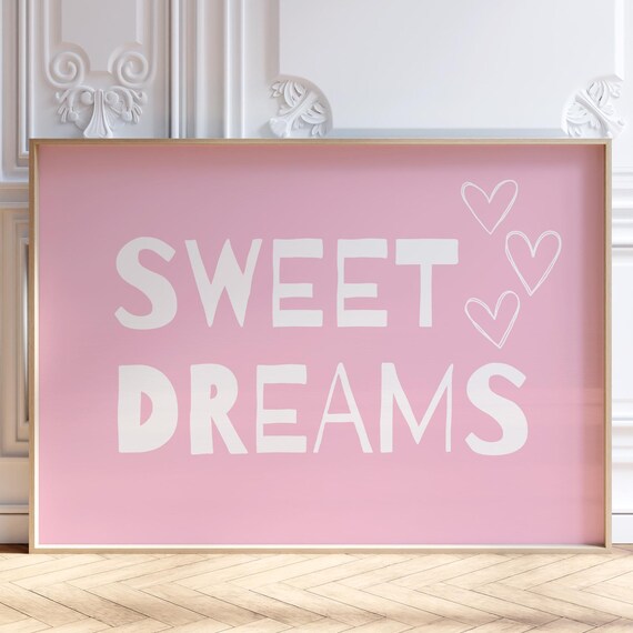 Sweet Dreams Pink Lettering with Hand Drawn Hearts Bedroom Wall Art