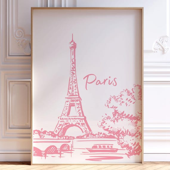 Paris France Blush Pink Eiffel Tower Hand Drawn Sketch Poster