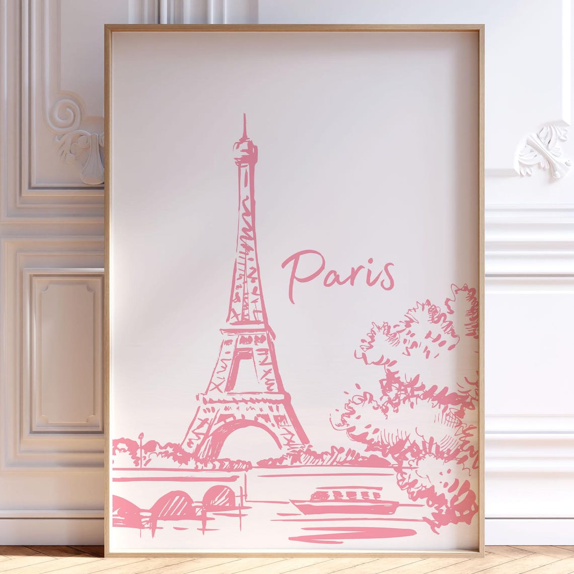 Paris France Blush Pink Eiffel Tower Hand Drawn Sketch Poster