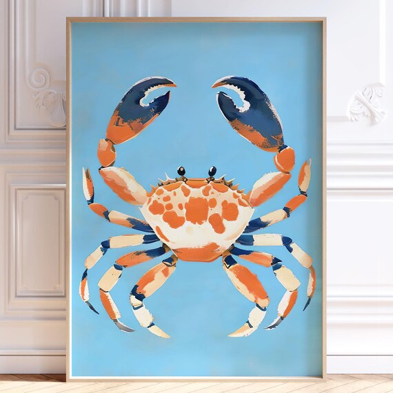 Colorful Crab Illustration Coastal Blue Orange Beach Art Print