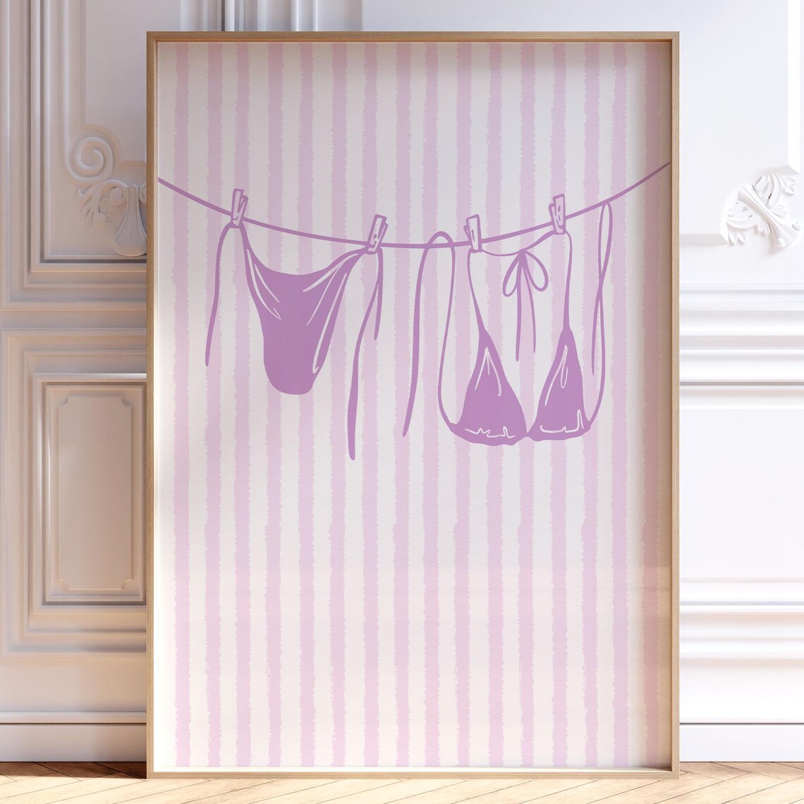 Pink Striped Bikini Clothesline Preppy Summer Beach Art Poster