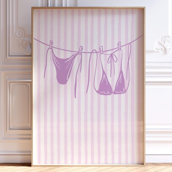 Pink Striped Bikini Clothesline Preppy Summer Beach Art Poster